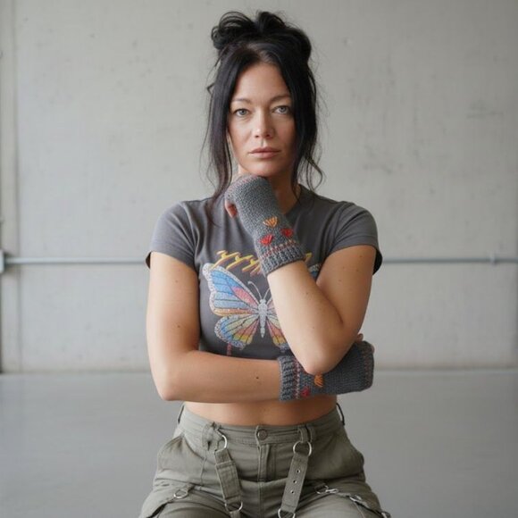 Gray Multicolor Wrist Length Fingerless Gloves - Picture 3 of 4